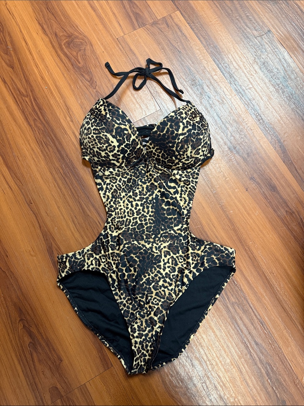 Wet Seal Leopard-Print Cutout Halter One-Piece Swimsuit - Black & Tan